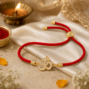 18K Gold Plated Rakhi Stone-Studded Om CZ Motif Religious Rakhi - House of Viya