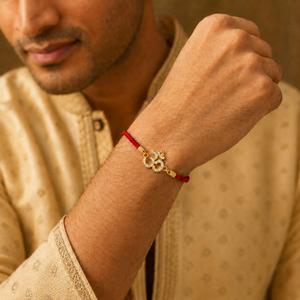 18K Gold Plated Rakhi Stone-Studded Om CZ Motif Religious Rakhi - House of Viya