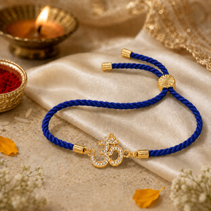 18K Gold Plated Rakhi Stone-Studded Om CZ Motif Religious Rakhi - House of Viya