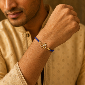 18K Gold Plated Rakhi Stone-Studded Om CZ Motif Religious Rakhi - House of Viya
