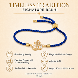 18K Gold Plated Rakhi Stone-Studded Om CZ Motif Religious Rakhi - House of Viya