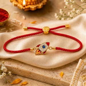 18K Gold Plated Rakhi Stone-Studded Rocket Motif Kids Character Rakhi - House of Viya