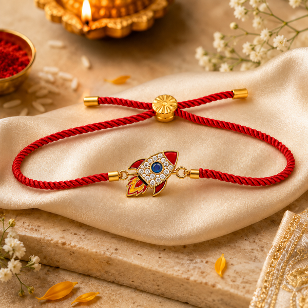 18K Gold Plated Rakhi Stone-Studded Rocket Motif Kids Character Rakhi - House of Viya