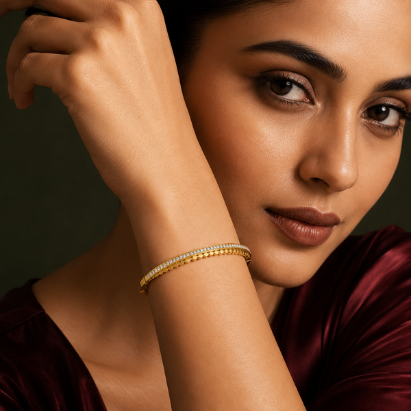 Kadas Gold-Tone Crystal-Studded Beaded Textured Kada Bangle for Women - House of Viya