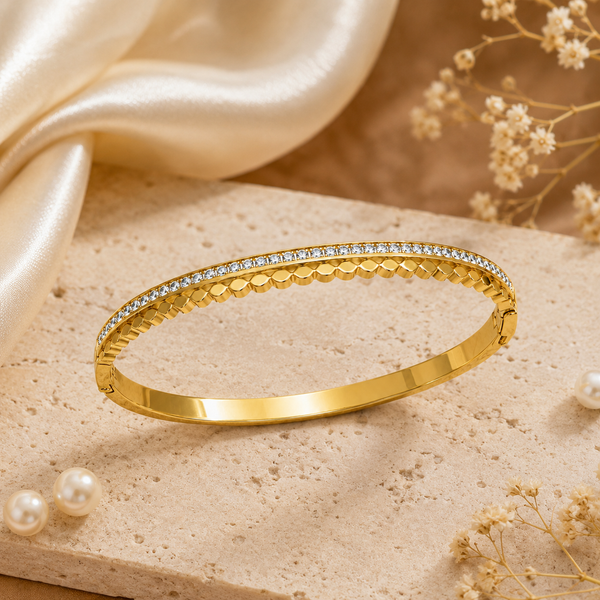 Kadas Gold-Tone Crystal-Studded Beaded Textured Kada Bangle for Women - House of Viya