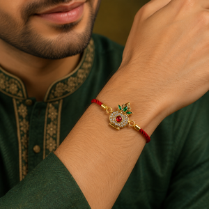 18K Gold Plated Rakhi Stone-Studded Kalash Motif Religious Traditional Rakhi - House of Viya