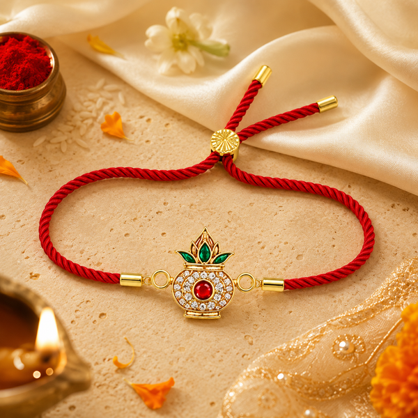 18K Gold Plated Rakhi Stone-Studded Kalash Motif Religious Traditional Rakhi - House of Viya
