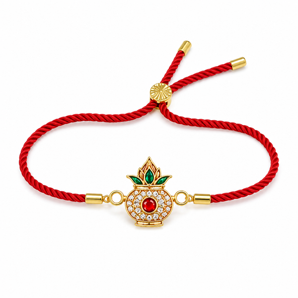 18K Gold Plated Rakhi Stone-Studded Kalash Motif Religious Traditional Rakhi - House of Viya