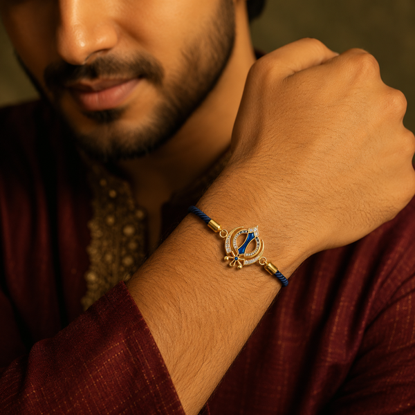 18K Gold Plated Rakhi Stone-Studded Khanda Motif Religious Traditional Rakhi - House of Viya