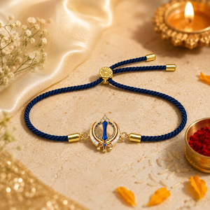 18K Gold Plated Rakhi Stone-Studded Khanda Motif Religious Traditional Rakhi - House of Viya