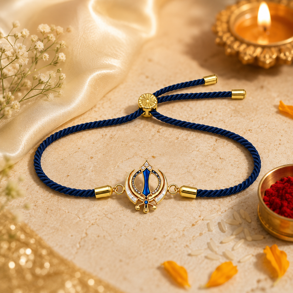 18K Gold Plated Rakhi Stone-Studded Khanda Motif Religious Traditional Rakhi - House of Viya