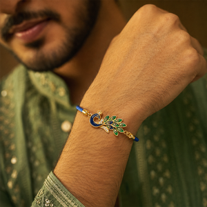18K Gold Plated Rakhi Stone-Studded Peacock Motif Floral Design Rakhi - House of Viya