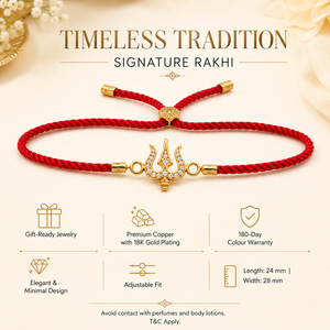 18K Gold Plated Rakhi Stone-Studded Trishul CZ Motif Religious Rakhi - House of Viya