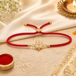 18K Gold Plated Rakhi Stone-Studded Trishul CZ Motif Religious Rakhi - House of Viya