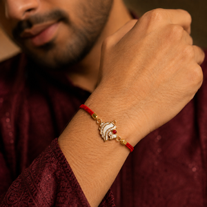18K Gold Plated Rakhi Stone-Studded Shankh Motif Religious Traditional Rakhi - House of Viya