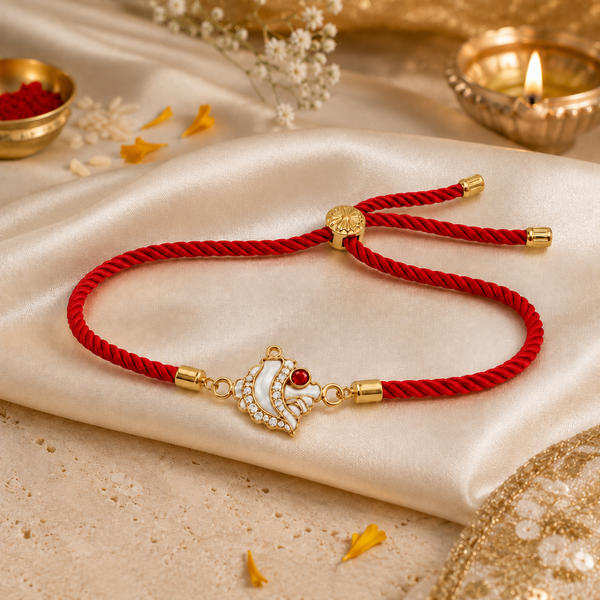 18K Gold Plated Rakhi Stone-Studded Shankh Motif Religious Traditional Rakhi - House of Viya