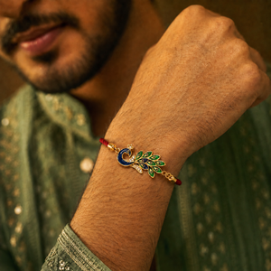 18K Gold Plated Rakhi Stone-Studded Peacock Motif Floral Design Rakhi - House of Viya