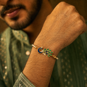 18K Gold Plated Rakhi Stone-Studded Peacock Motif Floral Design Rakhi - House of Viya
