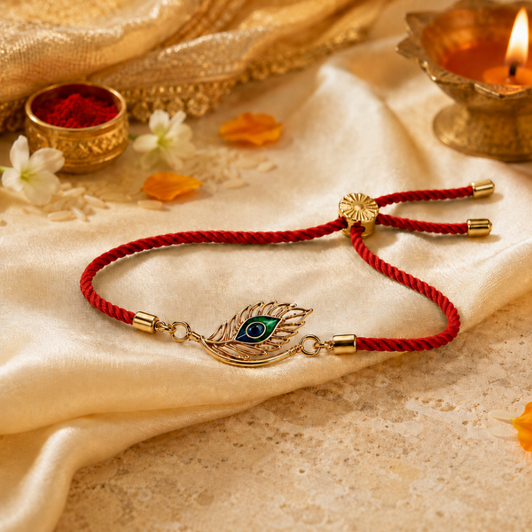 18K Gold Plated Rakhi Krishna Feather Motif Religious Traditional Rakhi - House of Viya