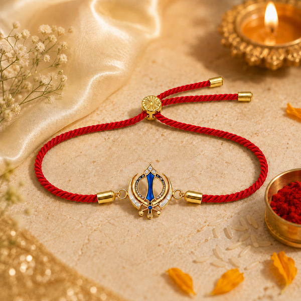18K Gold Plated Rakhi Stone-Studded Khanda Motif Religious Traditional Rakhi - House of Viya