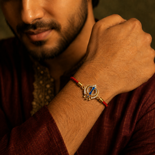 18K Gold Plated Rakhi Stone-Studded Khanda Motif Religious Traditional Rakhi - House of Viya