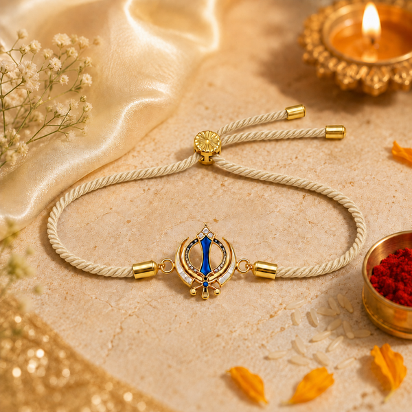 18K Gold Plated Rakhi Stone-Studded Khanda Motif Religious Traditional Rakhi - House of Viya