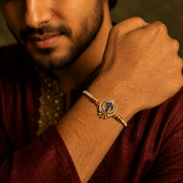 18K Gold Plated Rakhi Stone-Studded Khanda Motif Religious Traditional Rakhi - House of Viya