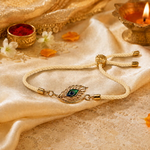 18K Gold Plated Rakhi Krishna Feather Motif Religious Traditional Rakhi - House of Viya