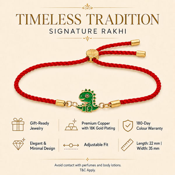 18K Gold Plated Rakhi Dinosaur Motif Charm Kids Character Rakhi - House of Viya