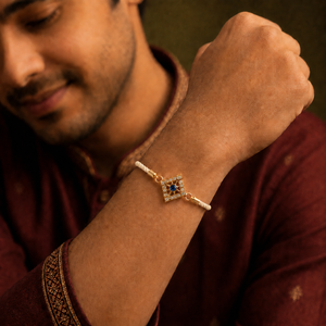 18K Gold Plated Rakhi Stone-Studded Diamond Square Geometric Motif Rakhi - House of Viya