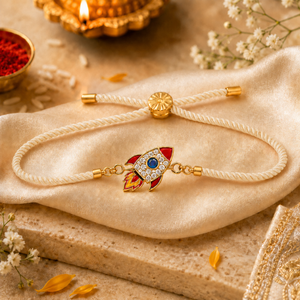18K Gold Plated Rakhi Stone-Studded Rocket Motif Kids Character Rakhi - House of Viya