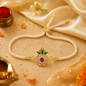 18K Gold Plated Rakhi Stone-Studded Kalash Motif Religious Traditional Rakhi - House of Viya