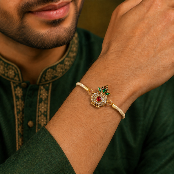 18K Gold Plated Rakhi Stone-Studded Kalash Motif Religious Traditional Rakhi - House of Viya