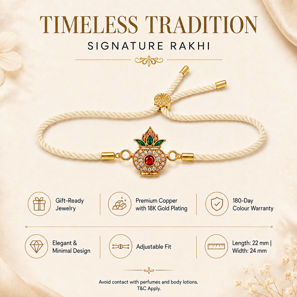 18K Gold Plated Rakhi Stone-Studded Kalash Motif Religious Traditional Rakhi - House of Viya