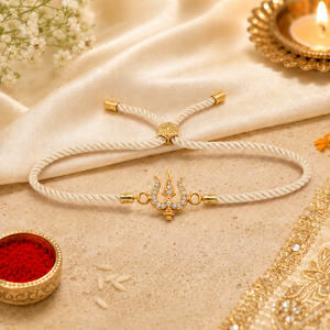 18K Gold Plated Rakhi Stone-Studded Trishul CZ Motif Religious Rakhi - House of Viya
