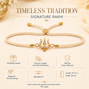 18K Gold Plated Rakhi Stone-Studded Trishul CZ Motif Religious Rakhi - House of Viya