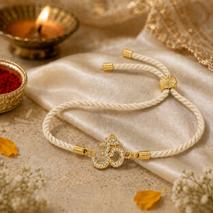 18K Gold Plated Rakhi Stone-Studded Om CZ Motif Religious Rakhi - House of Viya
