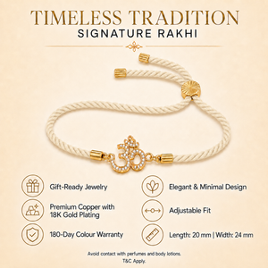 18K Gold Plated Rakhi Stone-Studded Om CZ Motif Religious Rakhi - House of Viya