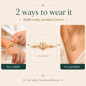 18K Gold Plated Rakhi Stone-Studded Trishul CZ Motif Religious Rakhi - House of Viya
