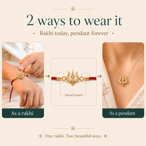 18K Gold Plated Rakhi Stone-Studded Trishul CZ Motif Religious Rakhi - House of Viya