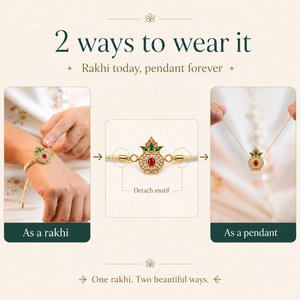 18K Gold Plated Rakhi Stone-Studded Kalash Motif Religious Traditional Rakhi - House of Viya