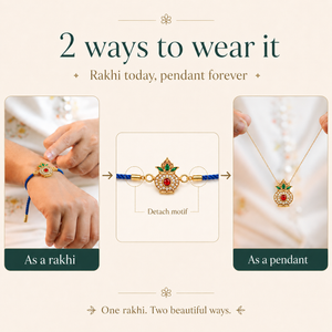 18K Gold Plated Rakhi Stone-Studded Kalash Motif Religious Traditional Rakhi - House of Viya