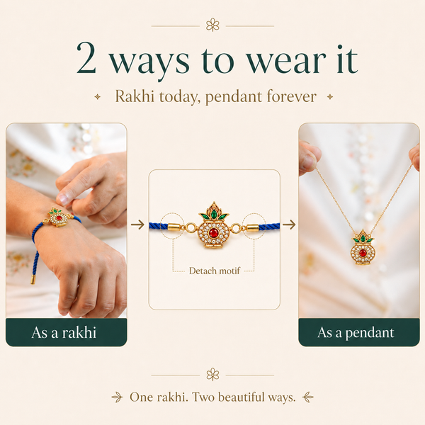 18K Gold Plated Rakhi Stone-Studded Kalash Motif Religious Traditional Rakhi - House of Viya
