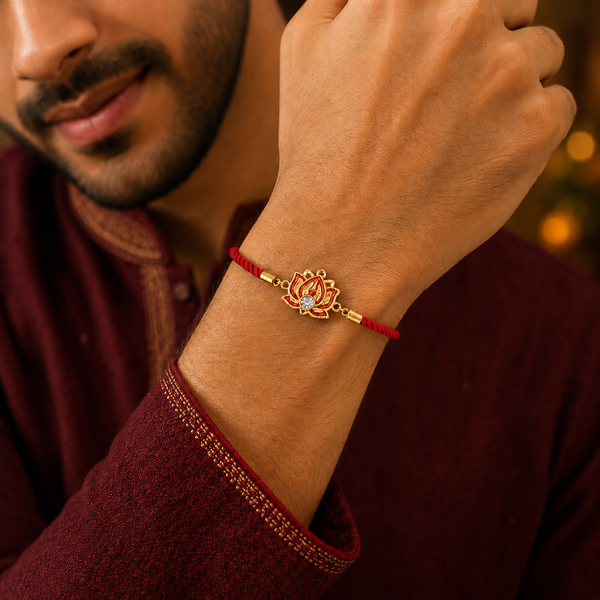 18K Gold Plated Rakhi Stone-Studded Lotus Floral Motif Design Rakhi - House of Viya