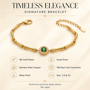 Gold Plated Bamboo Bar Link Bracelet with Round Green Stone Halo Centrepiece and Lobster Clasp - House of Viya