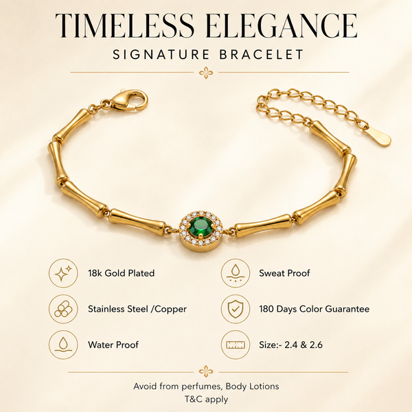 Gold Plated Bamboo Bar Link Bracelet with Round Green Stone Halo Centrepiece and Lobster Clasp - House of Viya