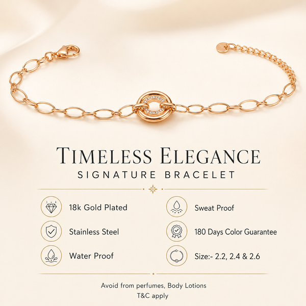 Gold Plated Oval Link Chain Bracelet with Interlocking Double Circle White Stone Halo Charm Center