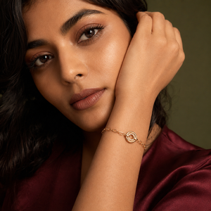 Gold Plated Oval Link Chain Bracelet with Interlocking Double Circle White Stone Halo Charm Center