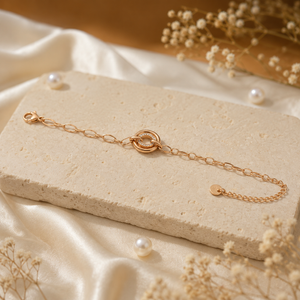 Gold Plated Oval Link Chain Bracelet with Interlocking Double Circle White Stone Halo Charm Center