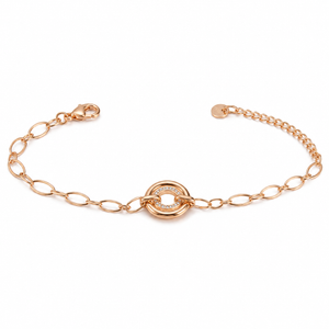 Gold Plated Oval Link Chain Bracelet with Interlocking Double Circle White Stone Halo Charm Center